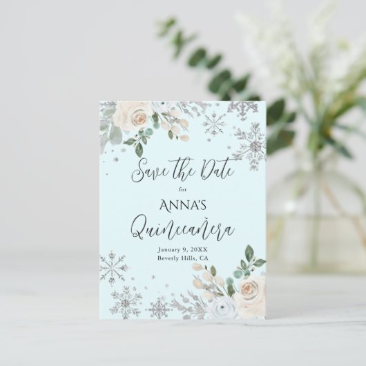 Winter Bloem Lichtblauwe Quinceanera Bewaar de Dat Briefkaart (Staand voorkant)