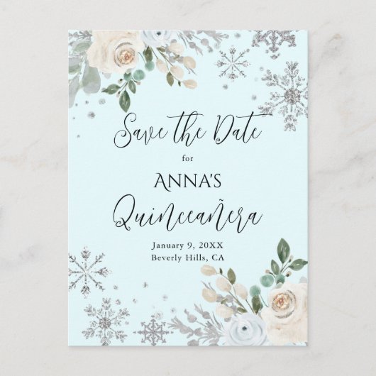 Winter Bloem Lichtblauwe Quinceanera Save The Date Briefkaart (Voorkant)