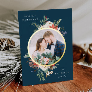 Winter Bloem Navy en Goud Cirkel Foto Folie Feestdagenkaart