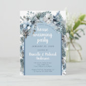 Winter Bloemen Blauw Elegant Huis Warming Party Kaart (Staand voorkant)