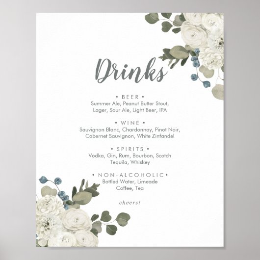Winter Bloemen Bruiloft Dranken Menu Bord Poster (Voorkant)