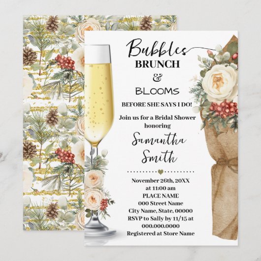 Winter Bloemen Bubbles Brunch & Bloom Bruidsuitnod Kaart (Voorkant / Achterkant)
