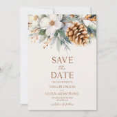 Winter Bloemen Dennentak Kegel Bruiloft Save The Date (Voorkant)