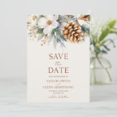 Winter Bloemen Dennentak Kegel Bruiloft Save The Date (Staand voorkant)