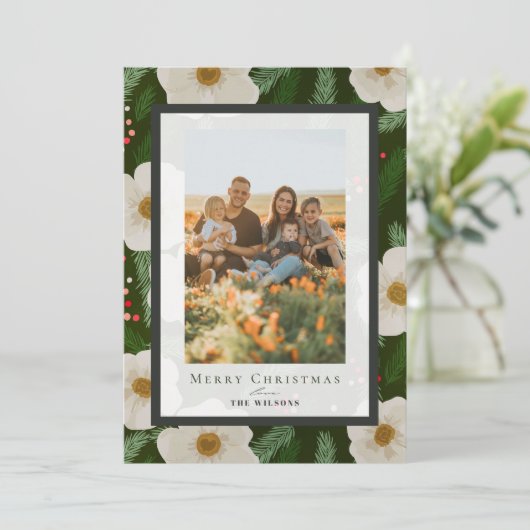 Winter Bloemen Donkergroen 4 Foto's Kerstmis Feestdagenkaart (Staand voorkant)