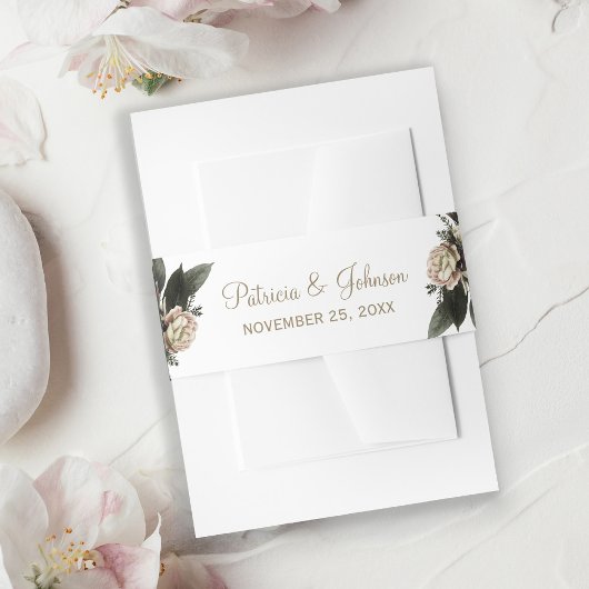 Winter bloemen elegante gouden ivoor bruiloft uitnodigingen wikkel