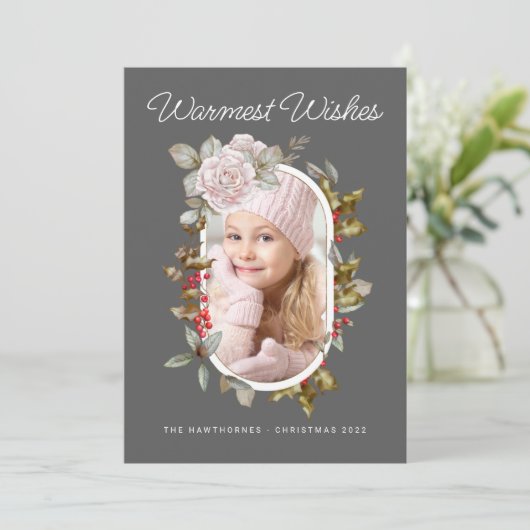 Winter Bloemen en Evergreens Vakantie Foto Feestdagenkaart (Staand voorkant)
