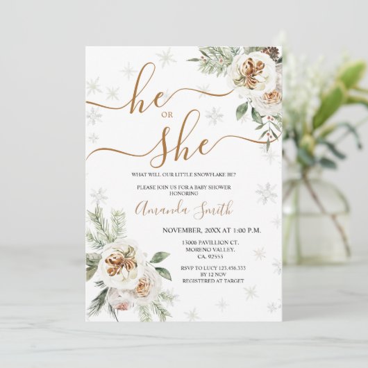 Winter Bloemen Geslacht onthullen Baby shower Kaart (Staand voorkant)