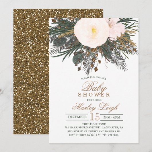 Winter Bloemen Glitter Baby shower Invitation Kaart (Voorkant / Achterkant)