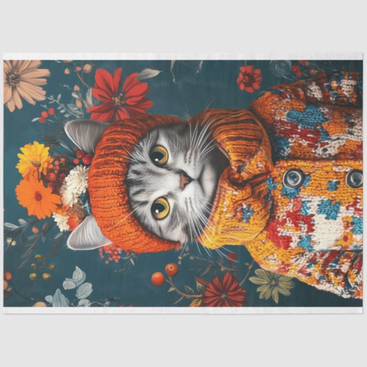 Winter Bloemen Grijze Kat Decoupage Tissuepapier (Voorkant)