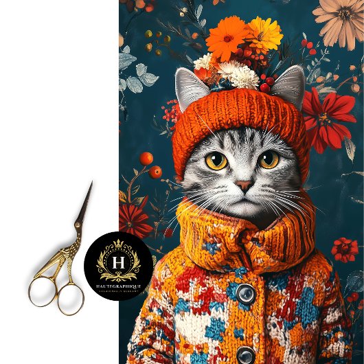 Winter Bloemen Grijze Kat Decoupage Tissuepapier