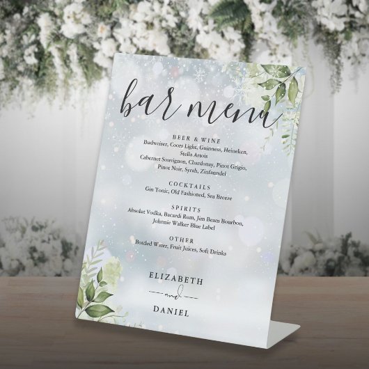 Winter Bloemen Groen Bruiloft Bar Menu Reclamebord Met Voetstuk