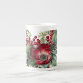 Winter Bloemen Groen Rood Wit Vergroot Porselein Kop (Voorkant)