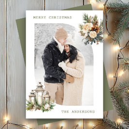 Winter Bloemen Kaars Lantaarn Foto Vrolijk Kerstmi Feestdagenkaart