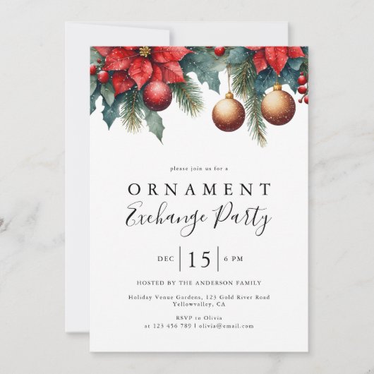 Winter Bloemen Kerst Ornament Exchange Party Kaart (Voorkant)
