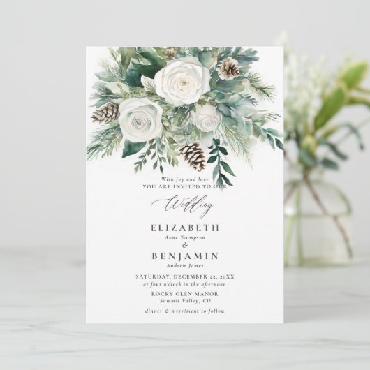 Winter Bloemen Kerst Waterverf Elegant Huwelijk Kaart (Staand voorkant)