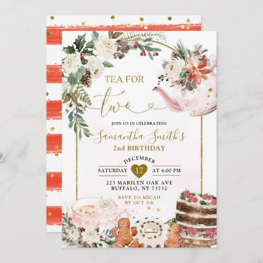 Winter Bloemen Kerstthee Tweede Verjaardag Feest Kaart (Voorkant / Achterkant)