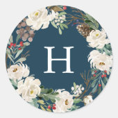 Winter Bloemen krans Marine Monogram Vakantie Ronde Sticker (Voorkant)