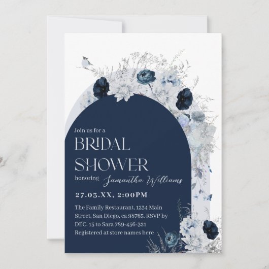 Winter Bloemen Marine Blauw Wildbloem Boho Bridal Kaart (Voorkant)