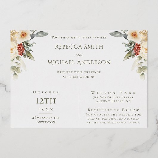 Winter Bloemen Niets Fancy Alleen Liefde Trouwen Folie Uitnodiging (Achterkant)