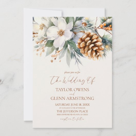 Winter Bloemen Pine Tree Cone Wedding Kaart (Voorkant)