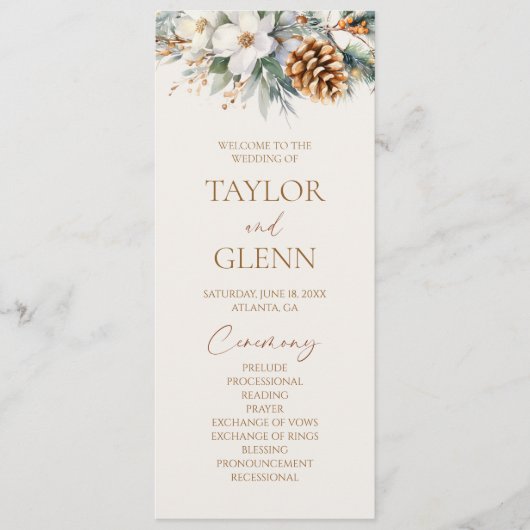 Winter Bloemen Pine Tree Cone Wedding Programmakaart (Voorkant)