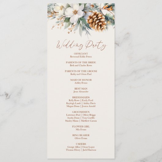 Winter Bloemen Pine Tree Cone Wedding Programmakaart (Achterkant)