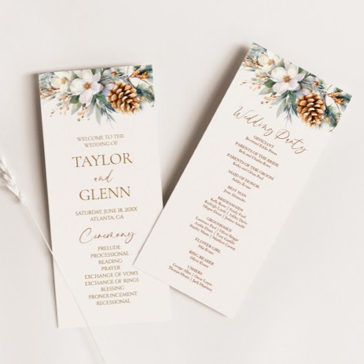 Winter Bloemen Pine Tree Cone Wedding Programmakaart