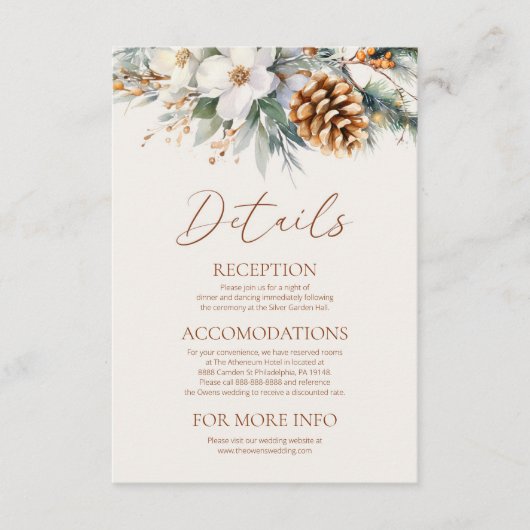 Winter Bloemen Pine Tree Wedding Details Informatiekaartje (Voorkant)