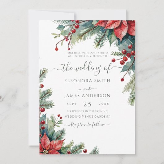 Winter Bloemen Poinsettia Kerst Groene bruiloft Kaart (Voorkant)