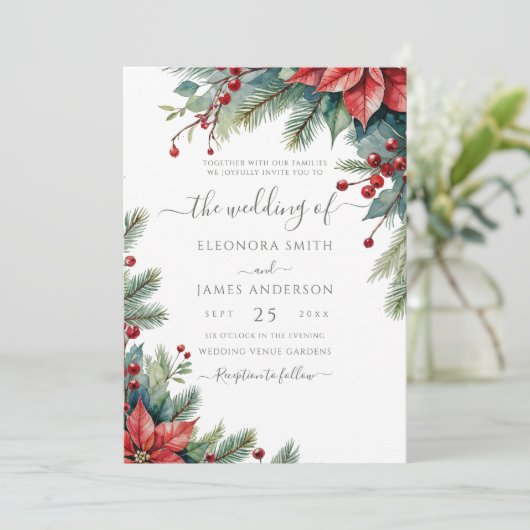 Winter Bloemen Poinsettia Kerst Groene bruiloft Kaart (Staand voorkant)