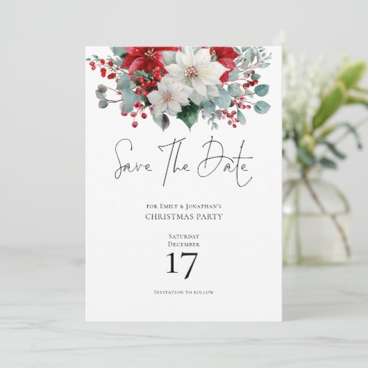 Winter Bloemen Poinsettia Kerstmis Save the Date Kaart (Staand voorkant)
