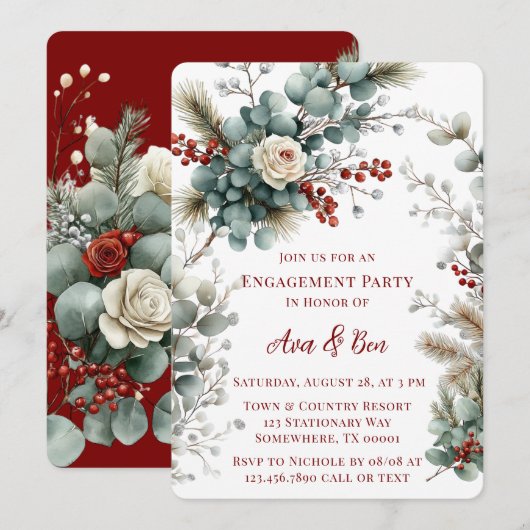 Winter Bloemen Rode Witte Roos Verlovingsfeest Kaart (Voorkant / Achterkant)