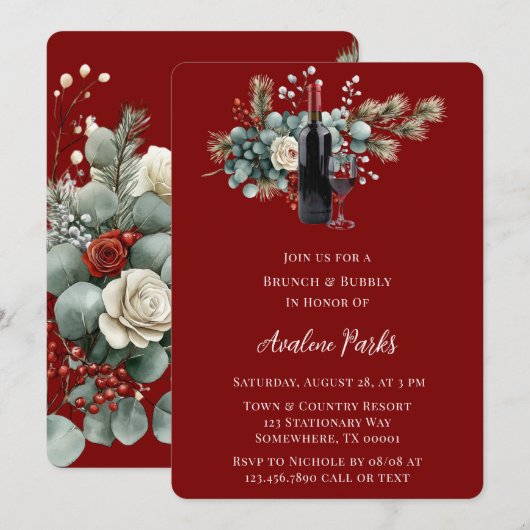 Winter Bloemen Rood Wit Rose Brunch & Bubbly Kaart (Voorkant / Achterkant)