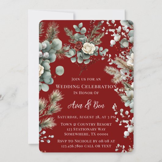 Winter Bloemen Rood Witte Roos Trouwen Kaart (Voorkant)