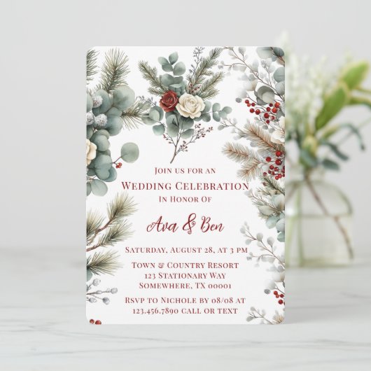 Winter Bloemen Rood Witte Roos Trouwen Kaart (Staand voorkant)