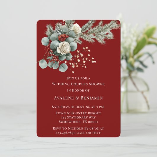 Winter Bloemen Rood Witte Roos Trouwpaar Douche Kaart (Staand voorkant)