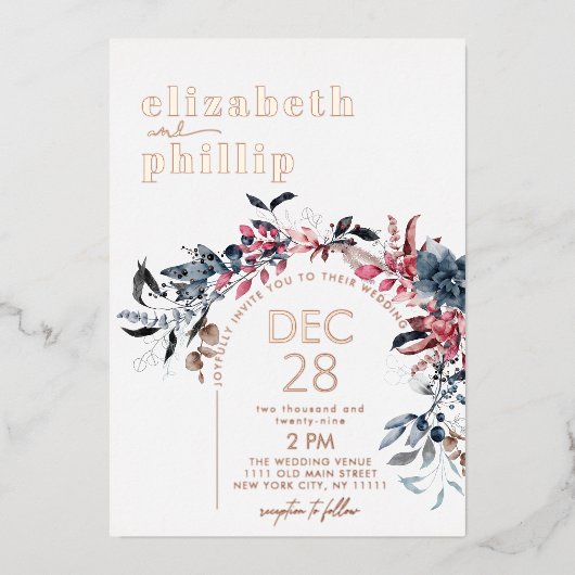 Winter Bloemen Roos Goud Kerstmis Vakantie Bruilof Folie Uitnodiging (Voorkant)