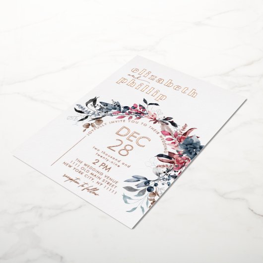 Winter Bloemen Roos Goud Kerstmis Vakantie Bruilof Folie Uitnodiging (Gedraaid)