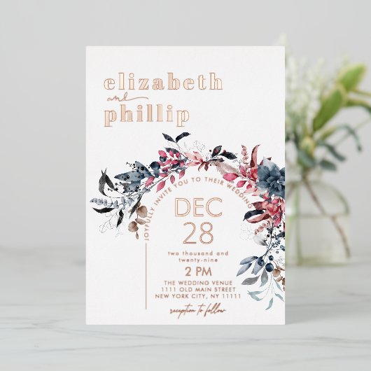 Winter Bloemen Roos Goud Kerstmis Vakantie Bruilof Folie Uitnodiging (Staand Voorkant)