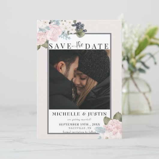 Winter Bloemen | Rustieke Trouwfoto Save The Date (Staand voorkant)