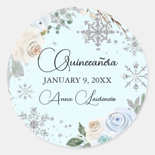 Winter Bloemen Zilver en Lichtblauw Quinceanera Ronde Sticker (Voorkant)