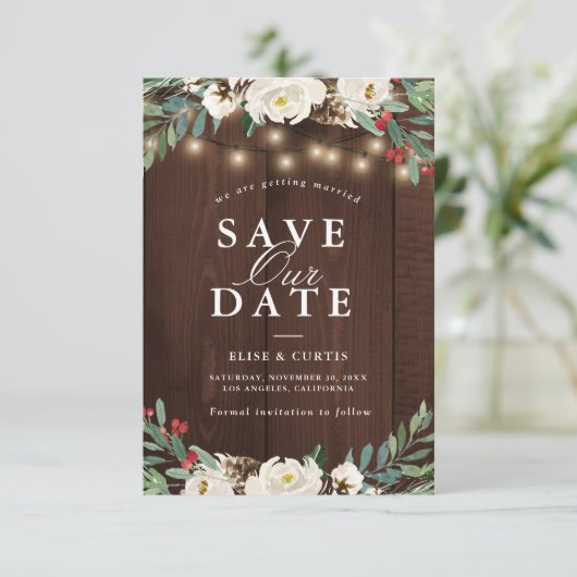 Winter bloemenbewaar de datumkaart save the date (Staand voorkant)