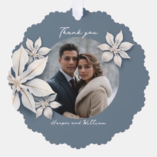Winter bloemenbruiloft foto dank u ornament kaart (Voorkant)