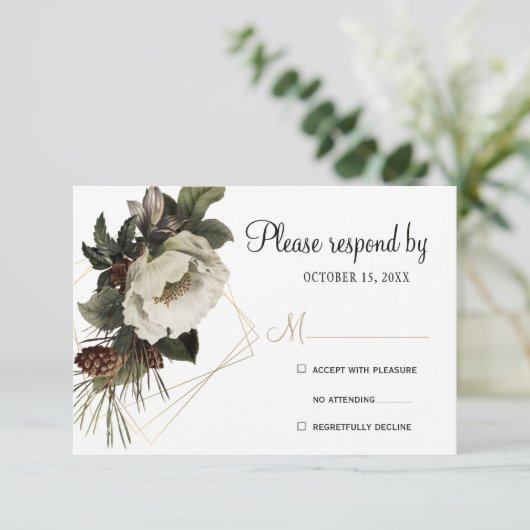 Winter bloemenbruiloft goud geometrisch modern RSVP kaartje (Staand voorkant)