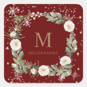 winter bloemengold glans vakantie monogram vierkante sticker (Voorkant)