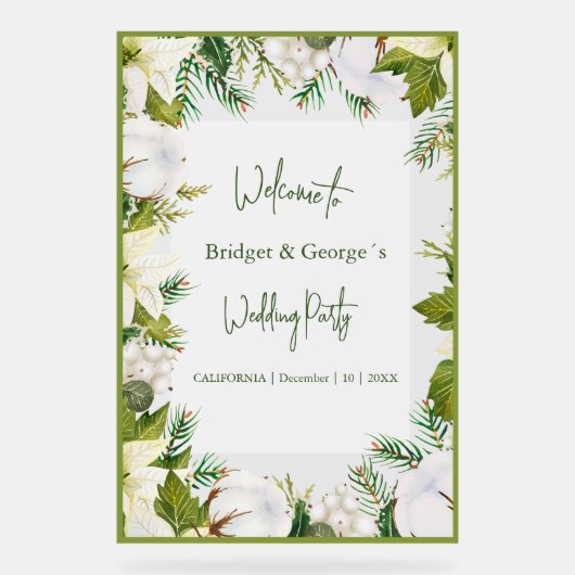 Winter bloemengroen Frosted bruiloft Welkom Acryl Bord (Voorkant)