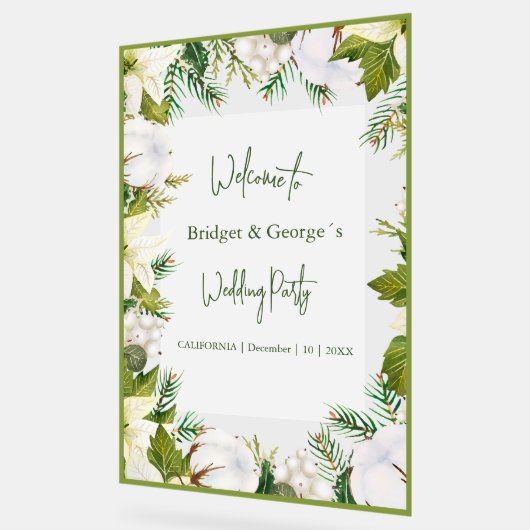 Winter bloemengroen Frosted bruiloft Welkom Acryl Bord (Hoek)