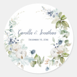 Winter Bloemenkrans in Dusty Blue en Sage Green Ronde Sticker