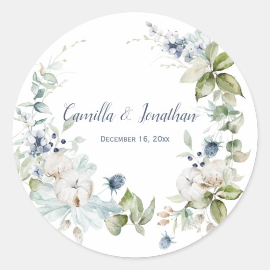Winter Bloemenkrans in Dusty Blue en Sage Green Ronde Sticker (Voorkant)